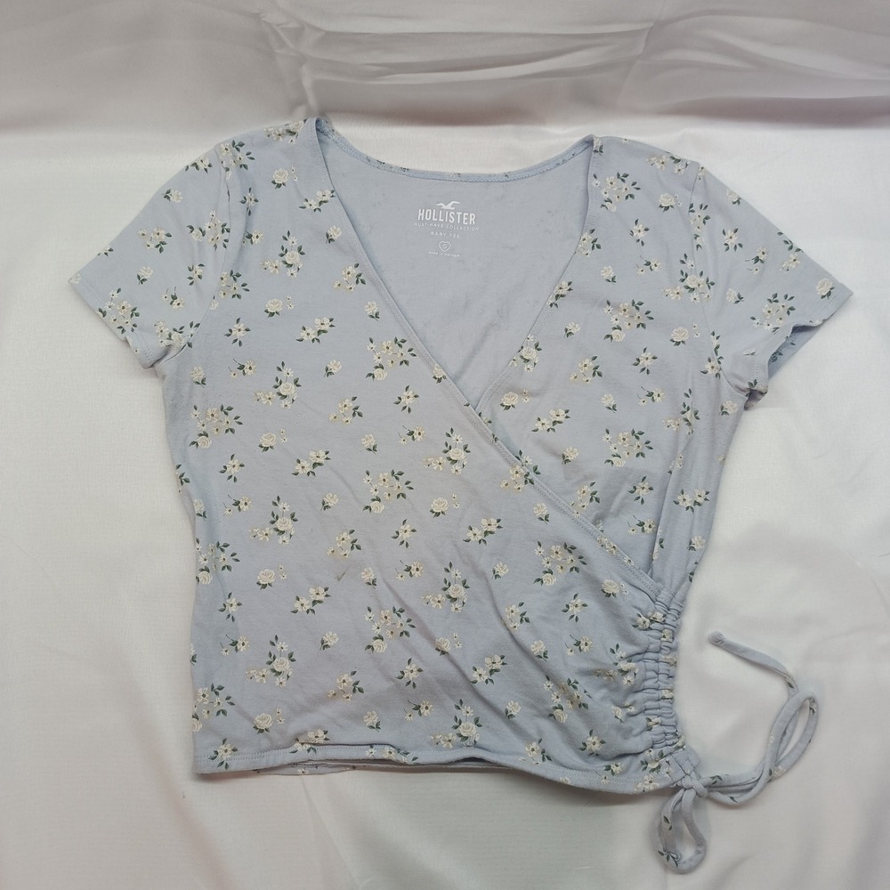 Hollister Blue Floral Side Tie Ruched Wrap Baby Tee Short Sleeve Top Womens S‎